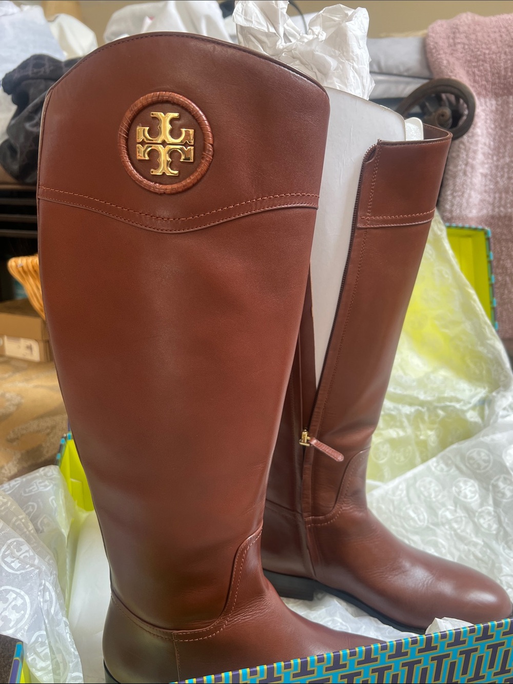 Tory Burch Chestnut Brown Leather Over-the-Knee Boots with Gold Logo